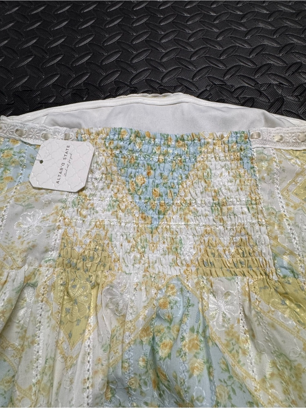 Altar’d State Floral Strapless Mini Dress Eyelet Lace Yellow Blue XS - Picture 13 of 13